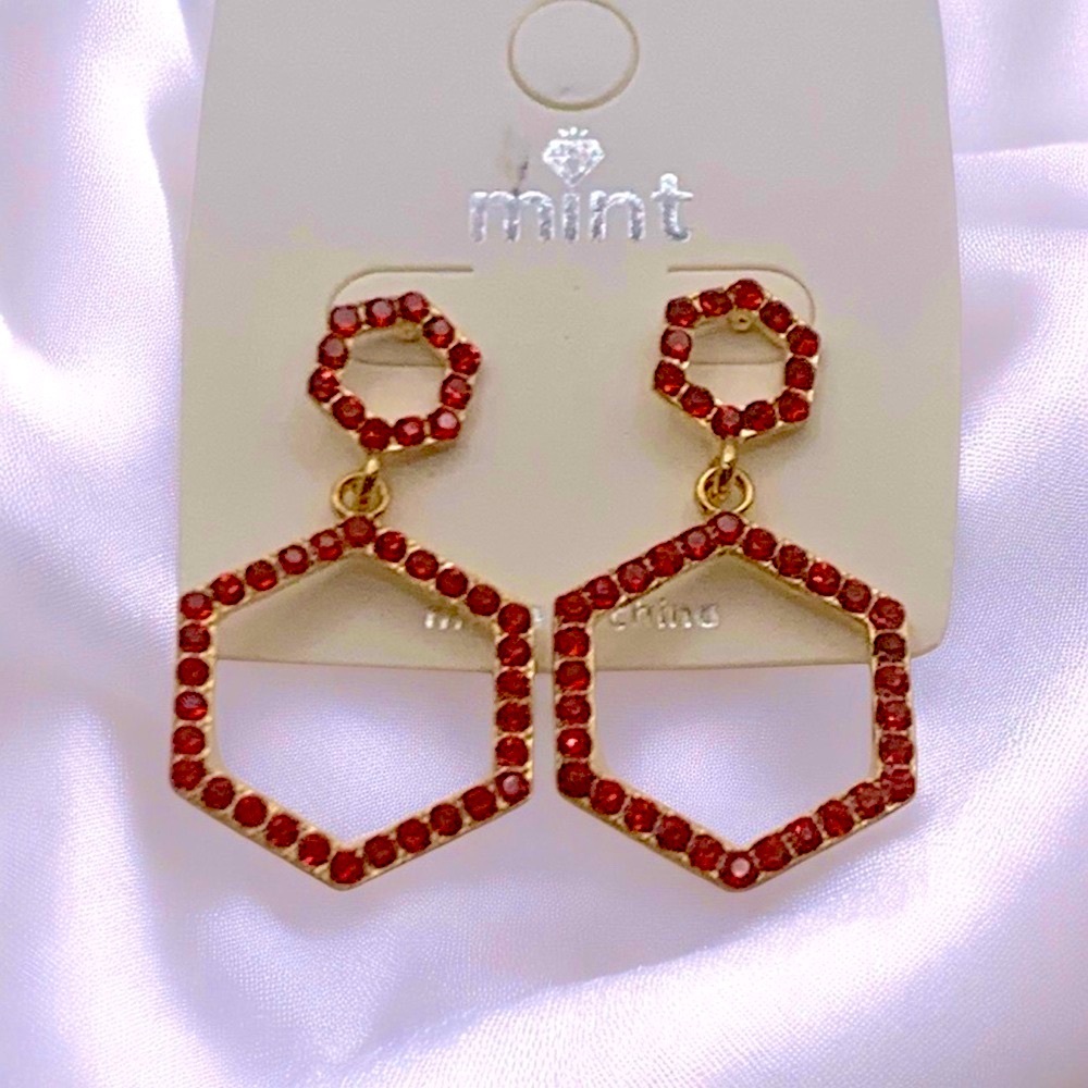 Mint Gold Plated & Red Crystal Octagon Costume Jewelry Earrings - Picture 3 of 4